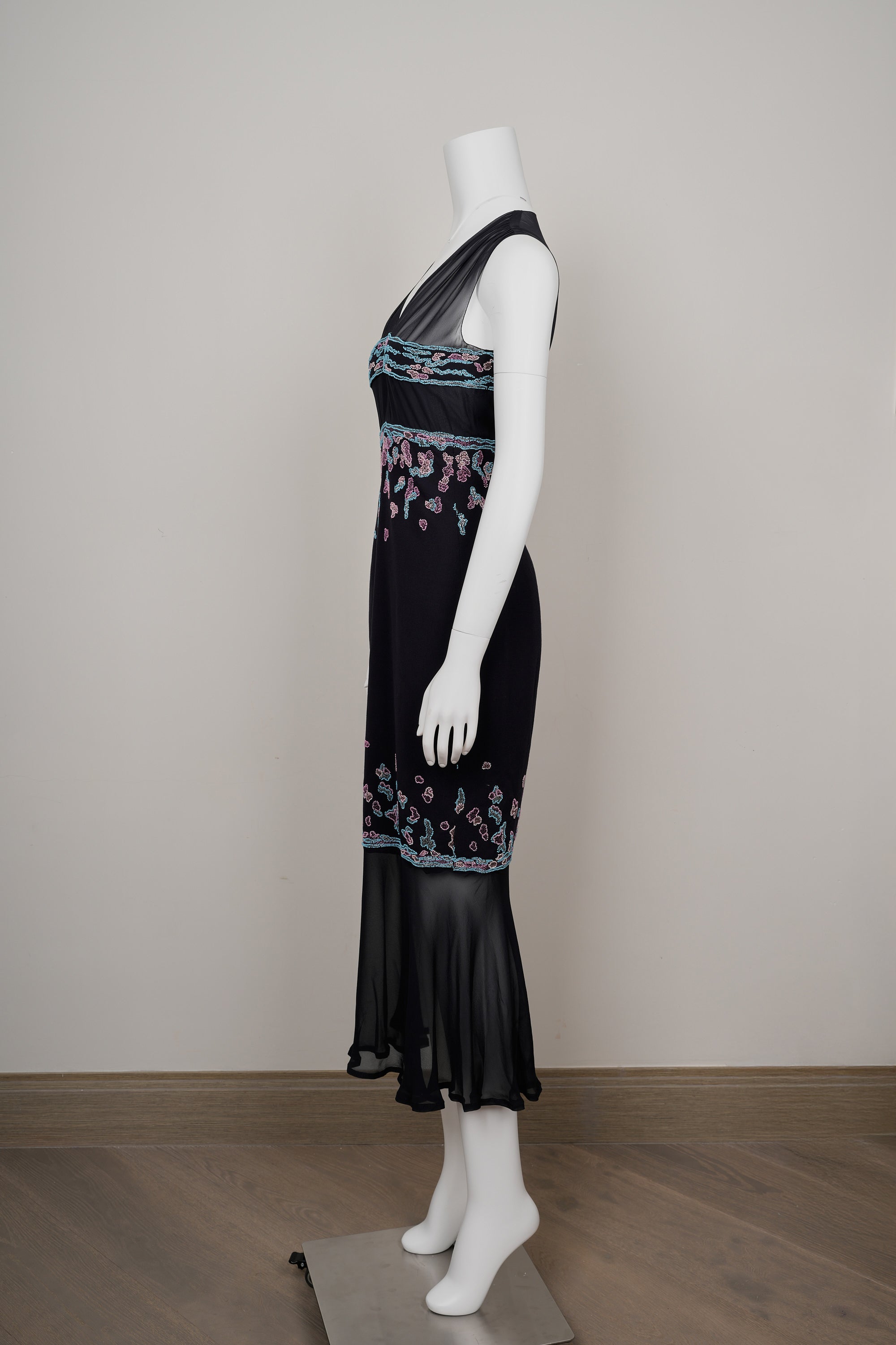 Chanel by Karl Lagerfeld Fall 1997–98 Black Chiffon & Wool Dress Beaded & Embroidered Bodice