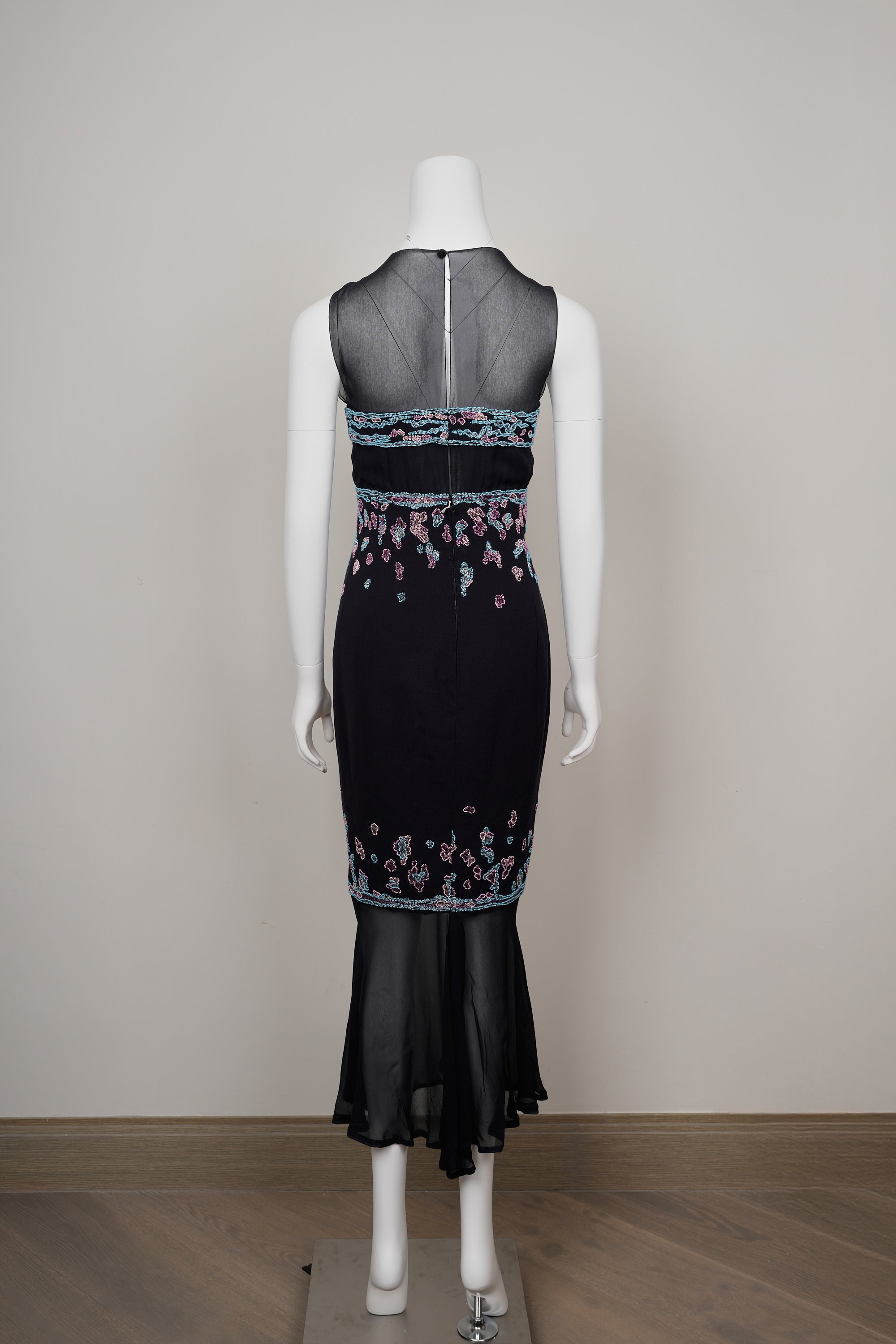 Chanel by Karl Lagerfeld Fall 1997–98 Black Chiffon & Wool Dress Beaded & Embroidered Bodice