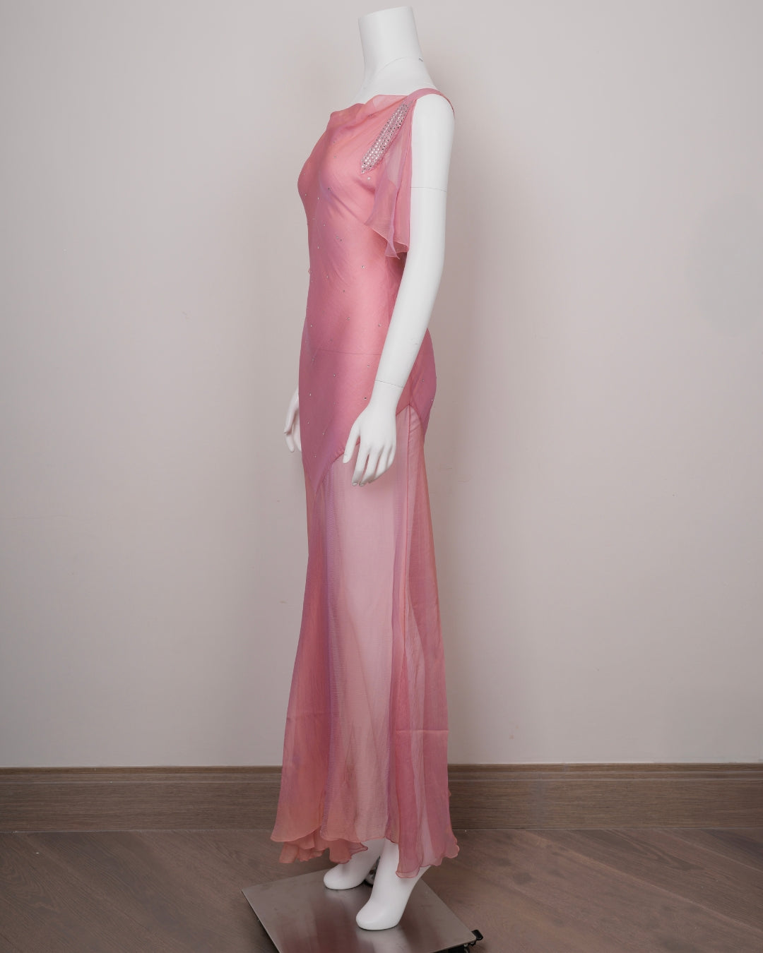 Preowned Christian Dior by John Galliano 2000s Pink & Gold Chiffon Evening Dress Rhinestone Straps & Cowled Neckline
