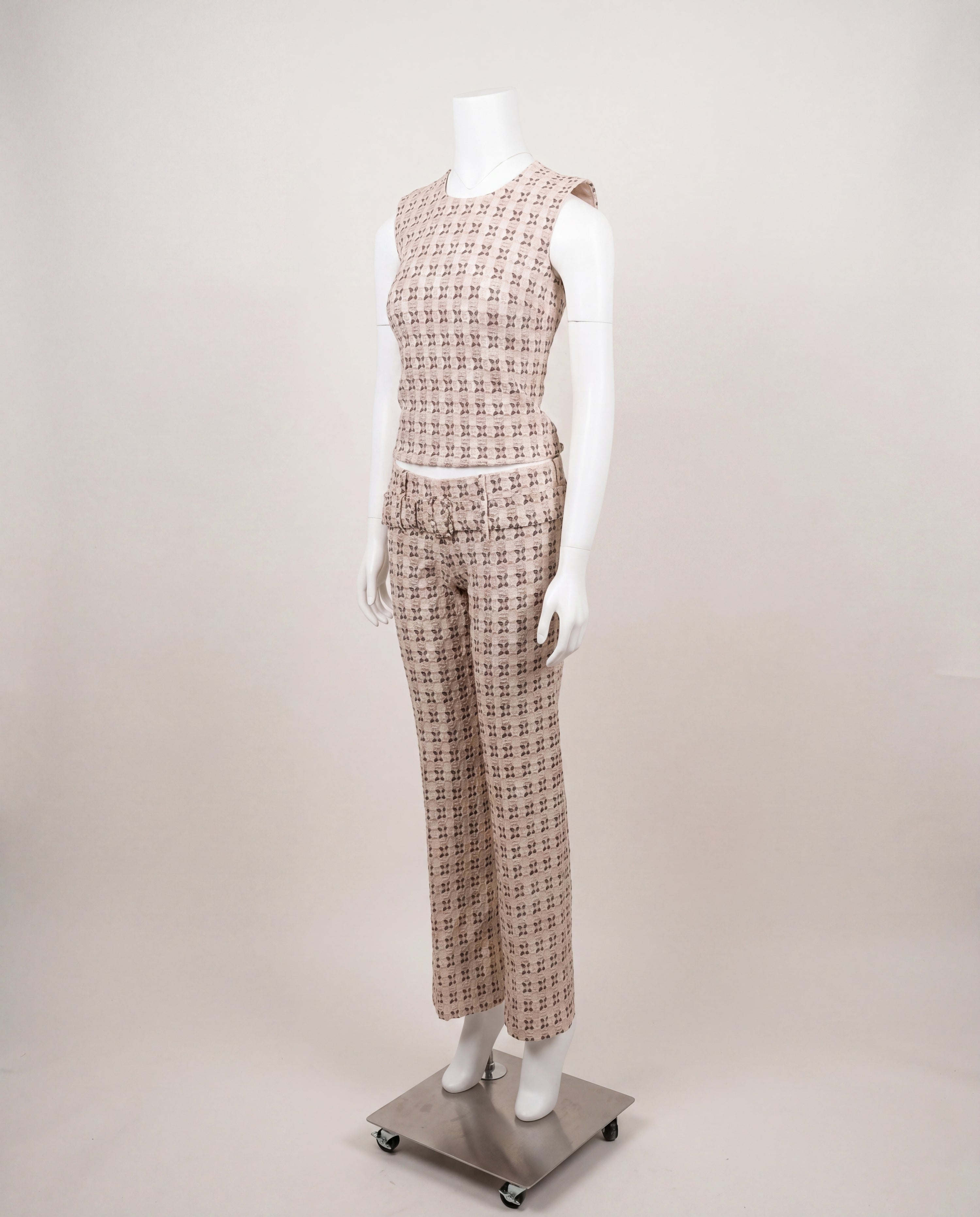 Prada Spring 2002 Beige and Brown Brocade Top and Trouser Set