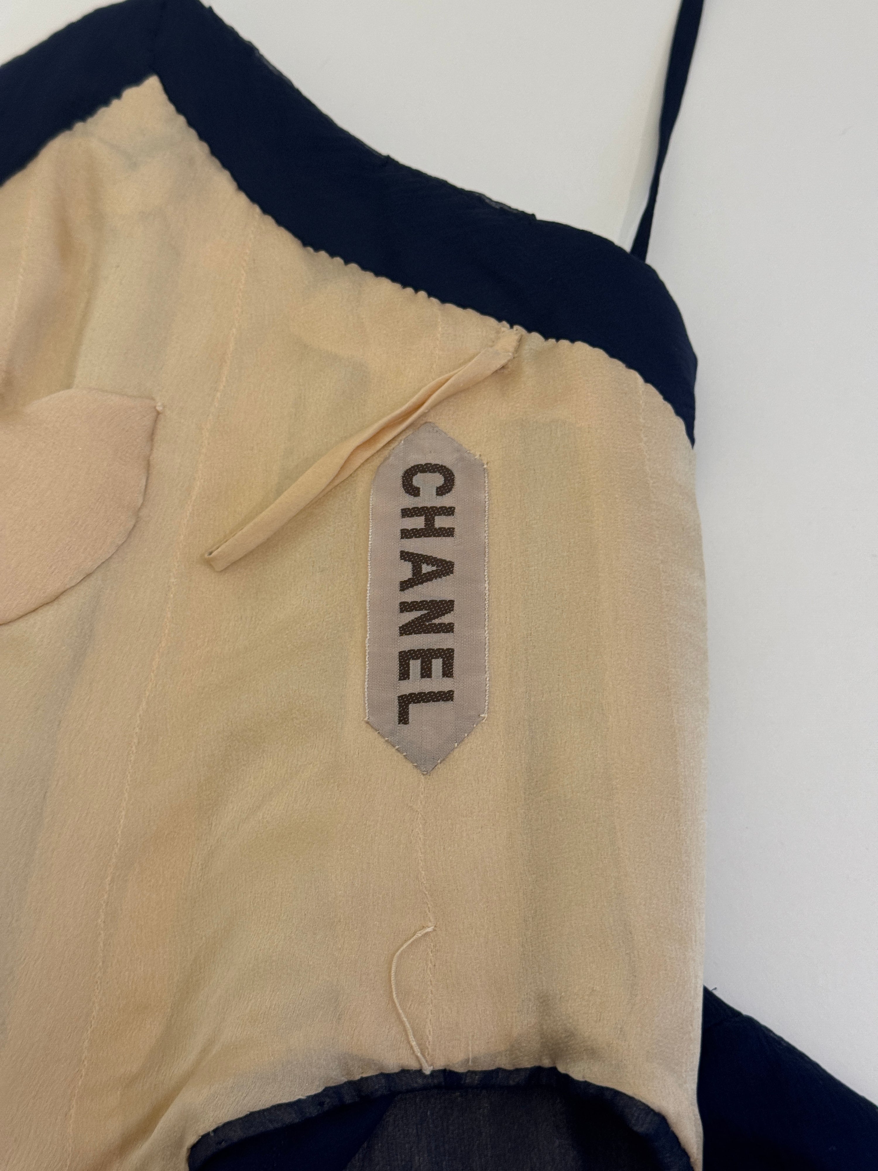 Vintage Chanel Haute Couture Spring 1994 Navy Blue Chiffon Dress with Integrated Corset and Brooch