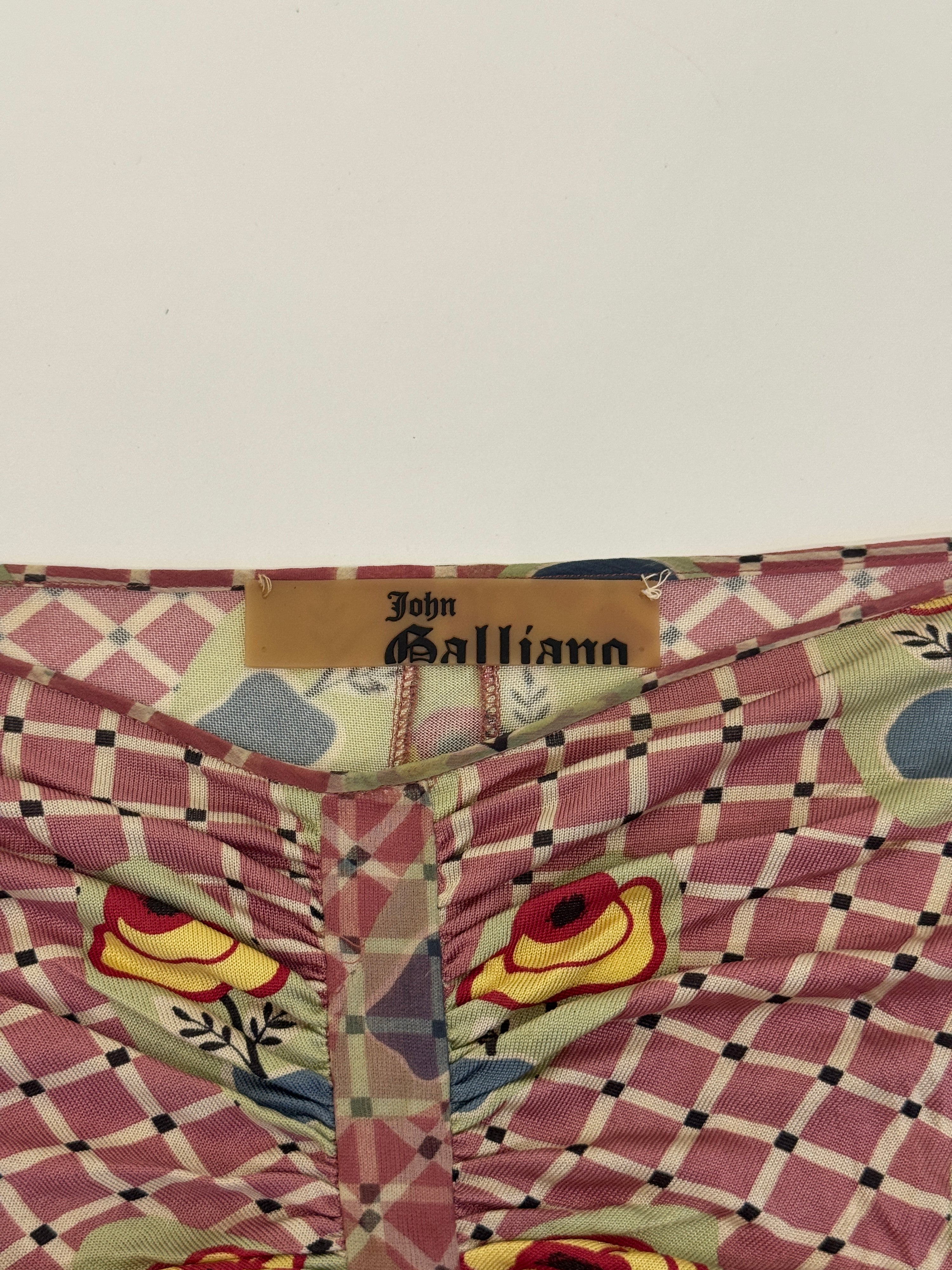 Preowned John Galliano Spring 2004 Pink and Ecru Check Jersey Ensemble with Floral Motif