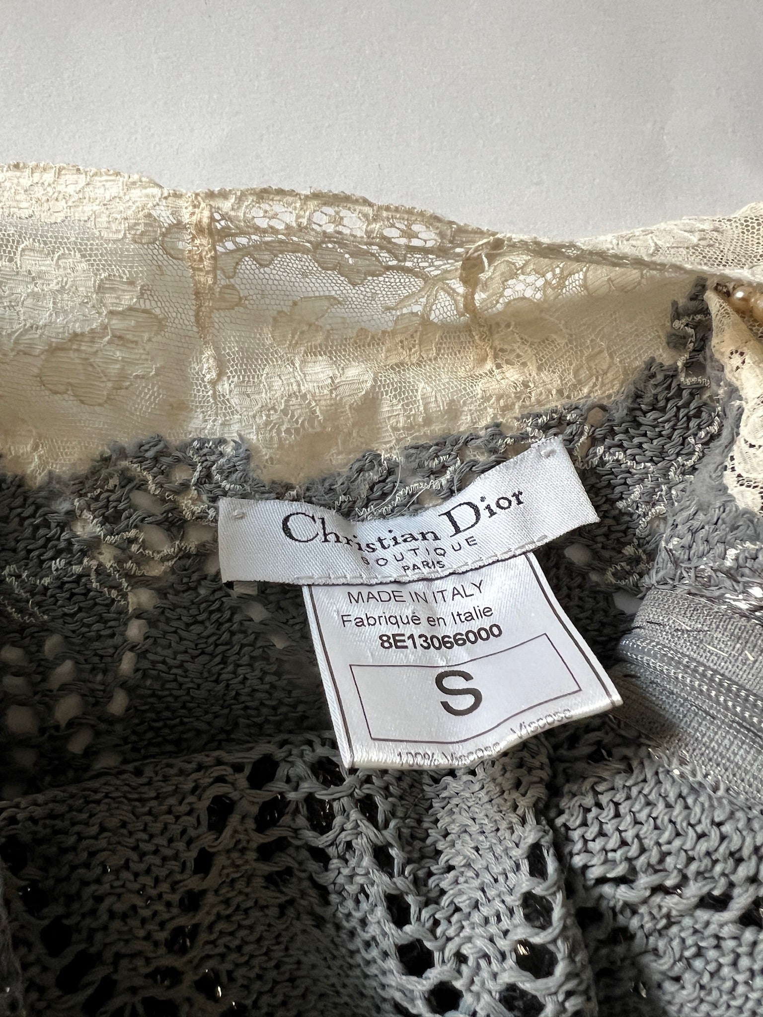 Vintage Christian Dior by John Galliano Spring 1998 Silver Crochet Knit and Lace Slip Dress