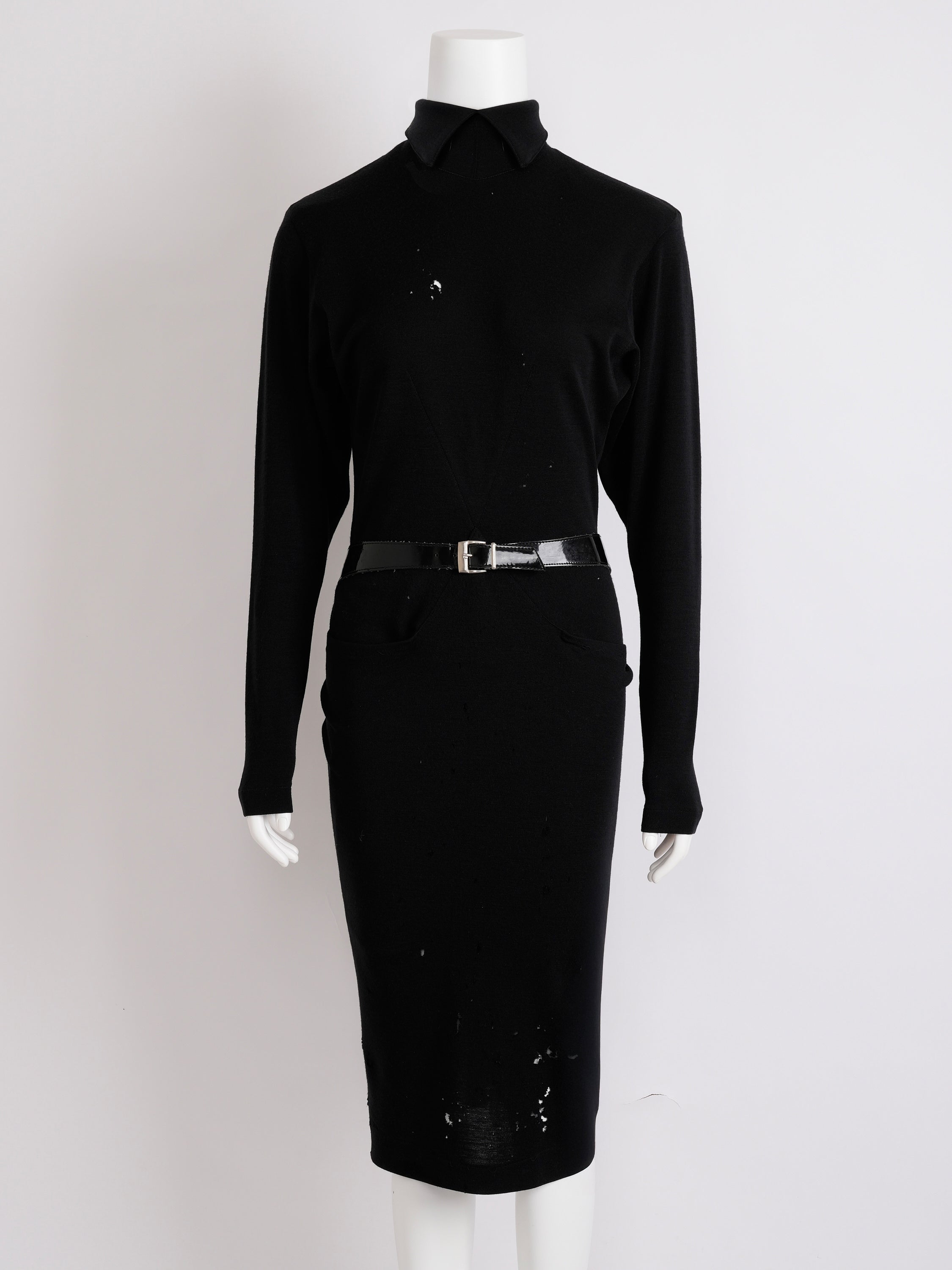 Vintage Alaïa 1985 Black Wool Dress with Vinyl Belt Distressed Condition