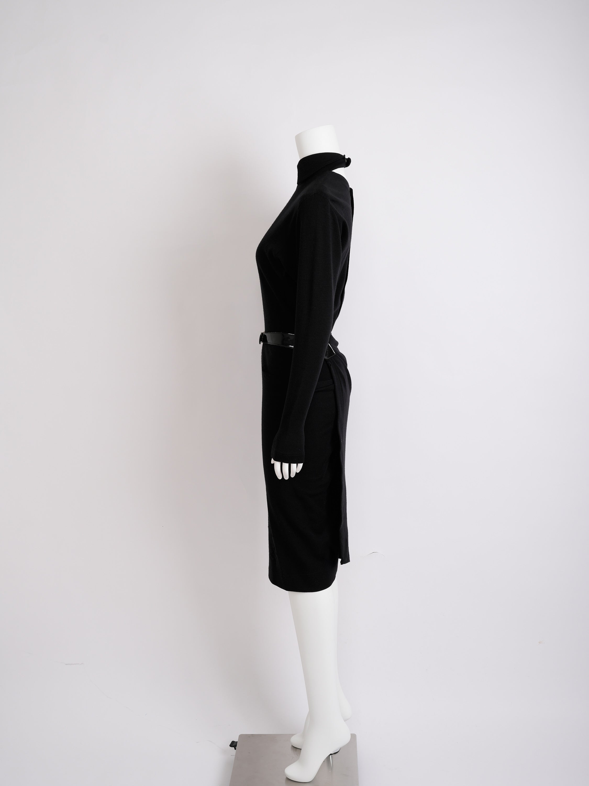 Vintage Alaïa 1985 Black Wool Dress with Vinyl Belt Distressed Conditi – Cafe Society Archive Vintage Alaïa 1985 Black Wool Dress with Vinyl Belt Distressed Conditi – Cafe Society Archive
