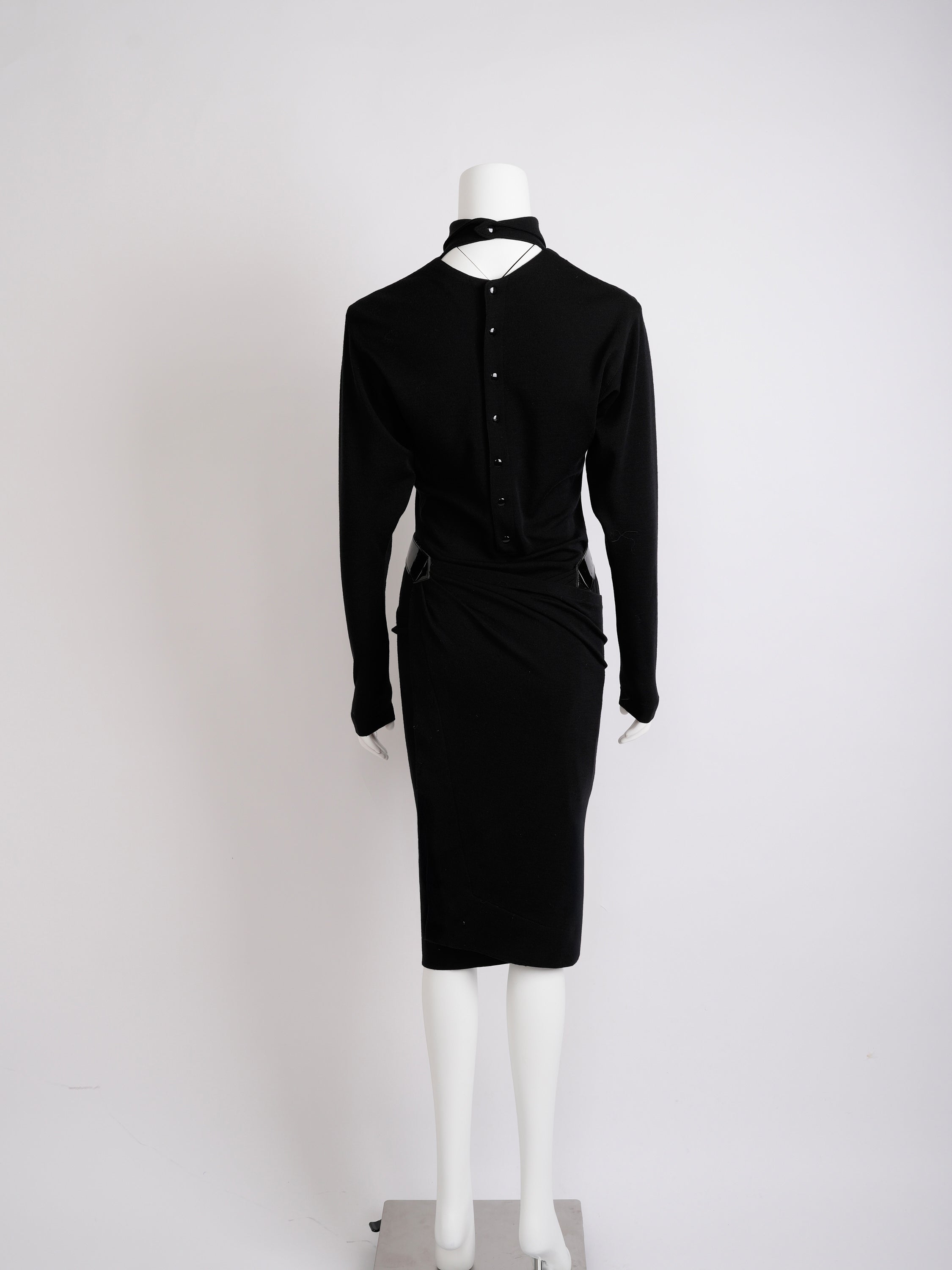 Vintage Alaïa 1985 Black Wool Dress with Vinyl Belt Distressed Conditi – Cafe Society Archive Vintage Alaïa 1985 Black Wool Dress with Vinyl Belt Distressed Conditi – Cafe Society Archive