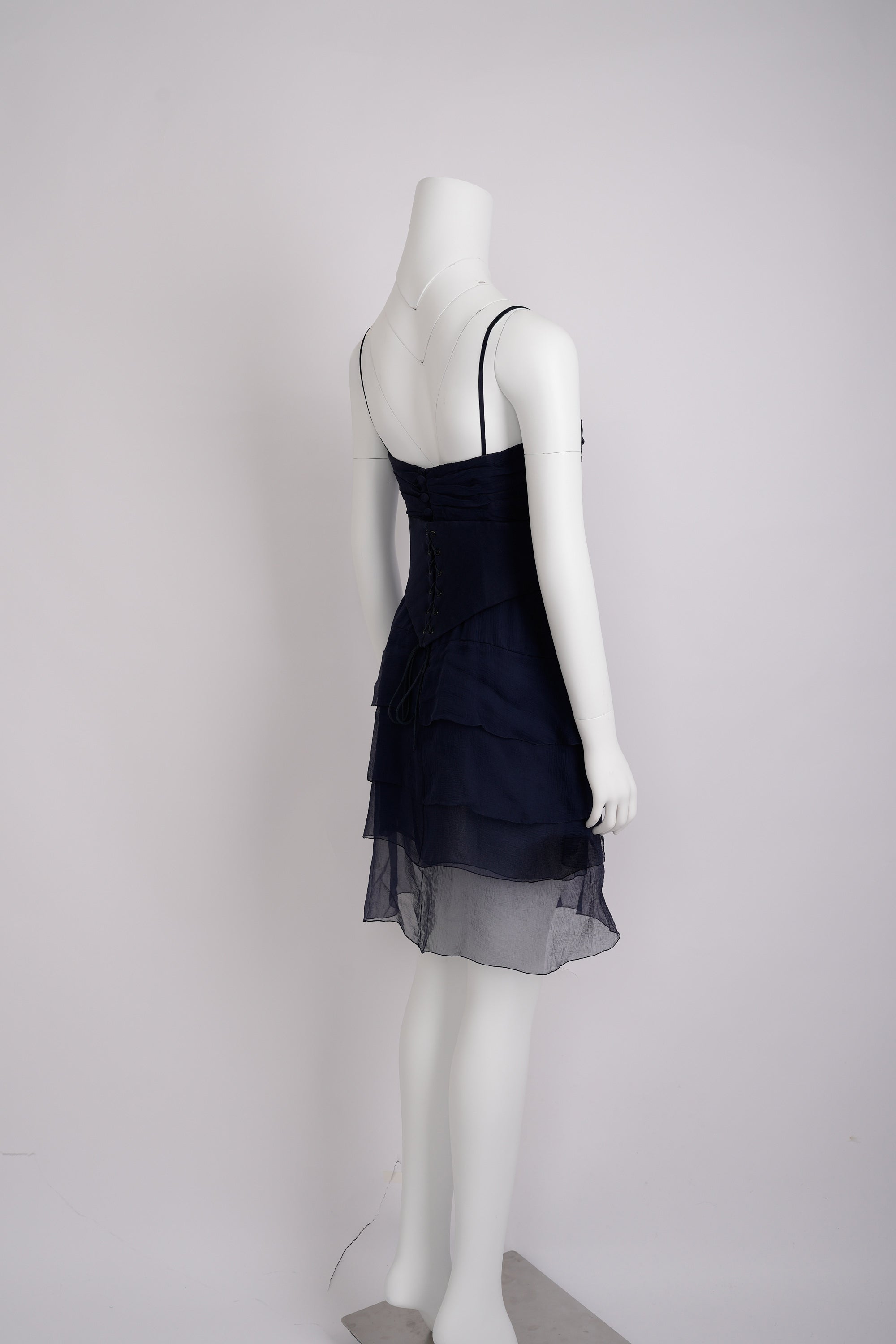 Vintage Chanel Haute Couture Spring 1994 Navy Blue Chiffon Dress with Integrated Corset and Brooch