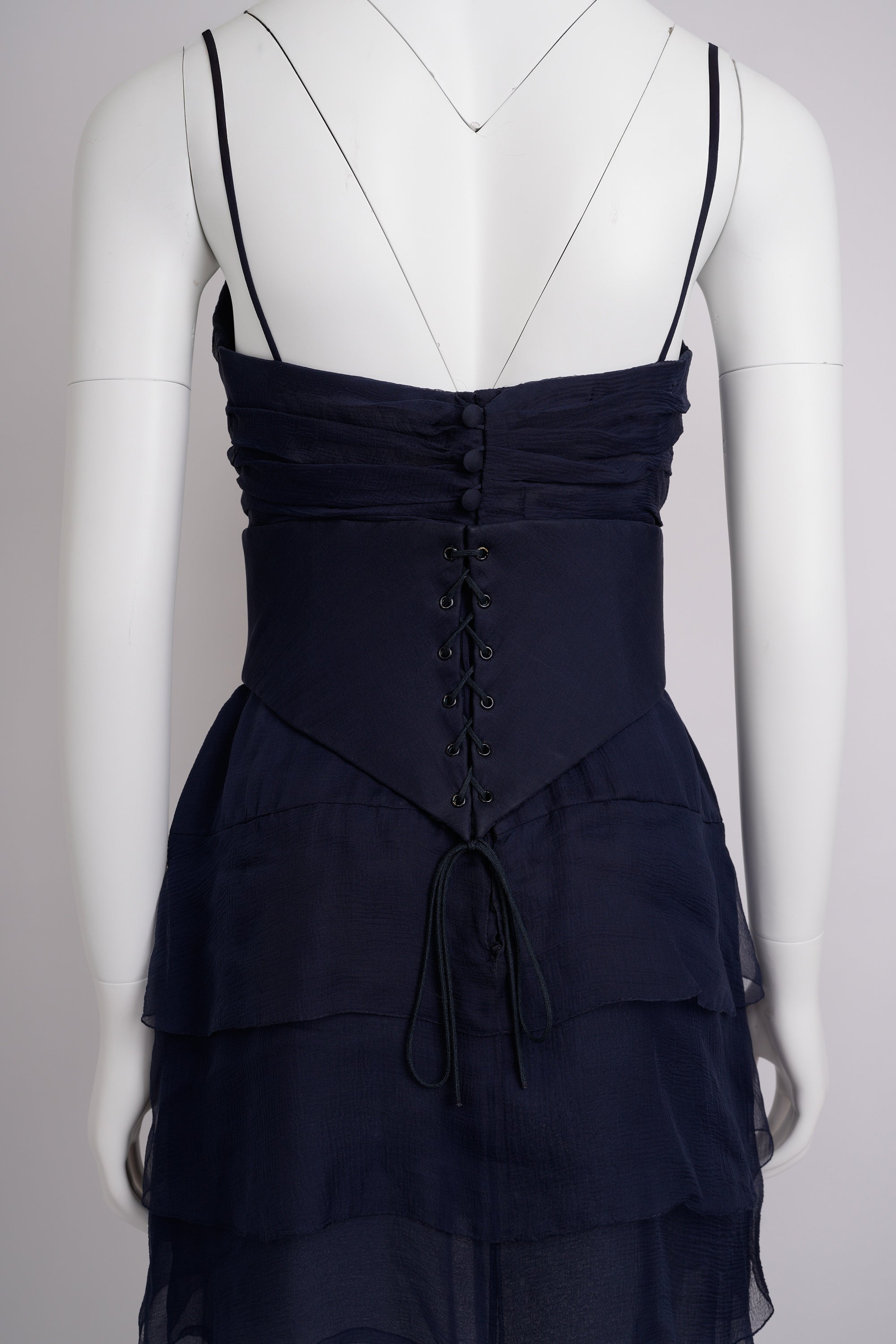 Vintage Chanel Haute Couture Spring 1994 Navy Blue Chiffon Dress with Integrated Corset and Brooch