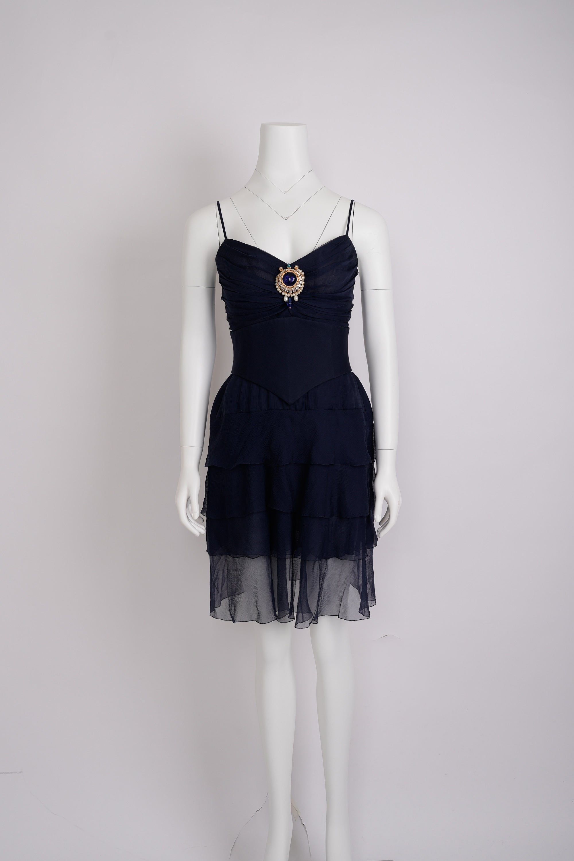 Vintage Chanel Haute Couture Spring 1994 Navy Blue Chiffon Dress with Integrated Corset and Brooch