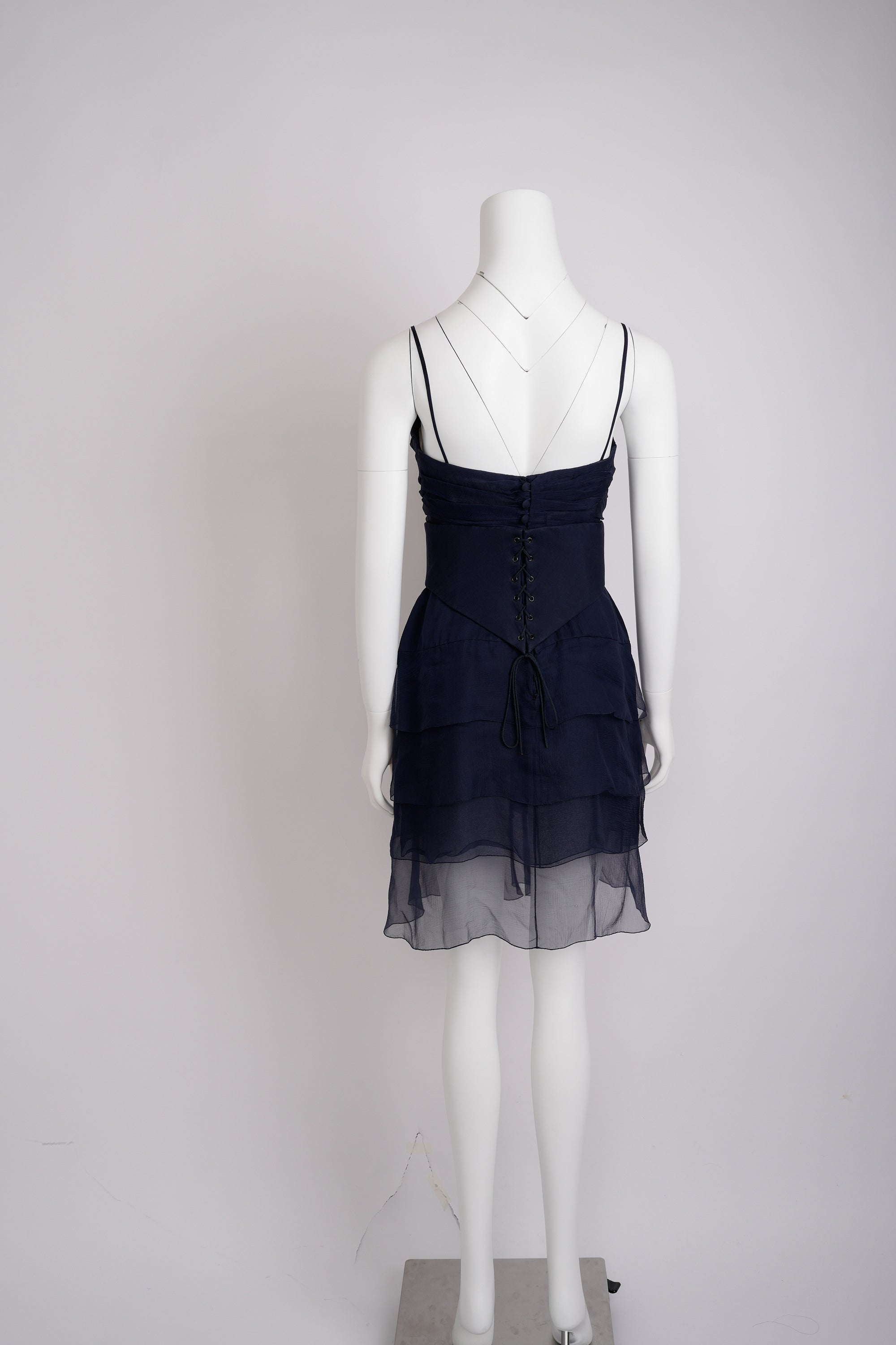 Vintage Chanel Haute Couture Spring 1994 Navy Blue Chiffon Dress with Integrated Corset and Brooch