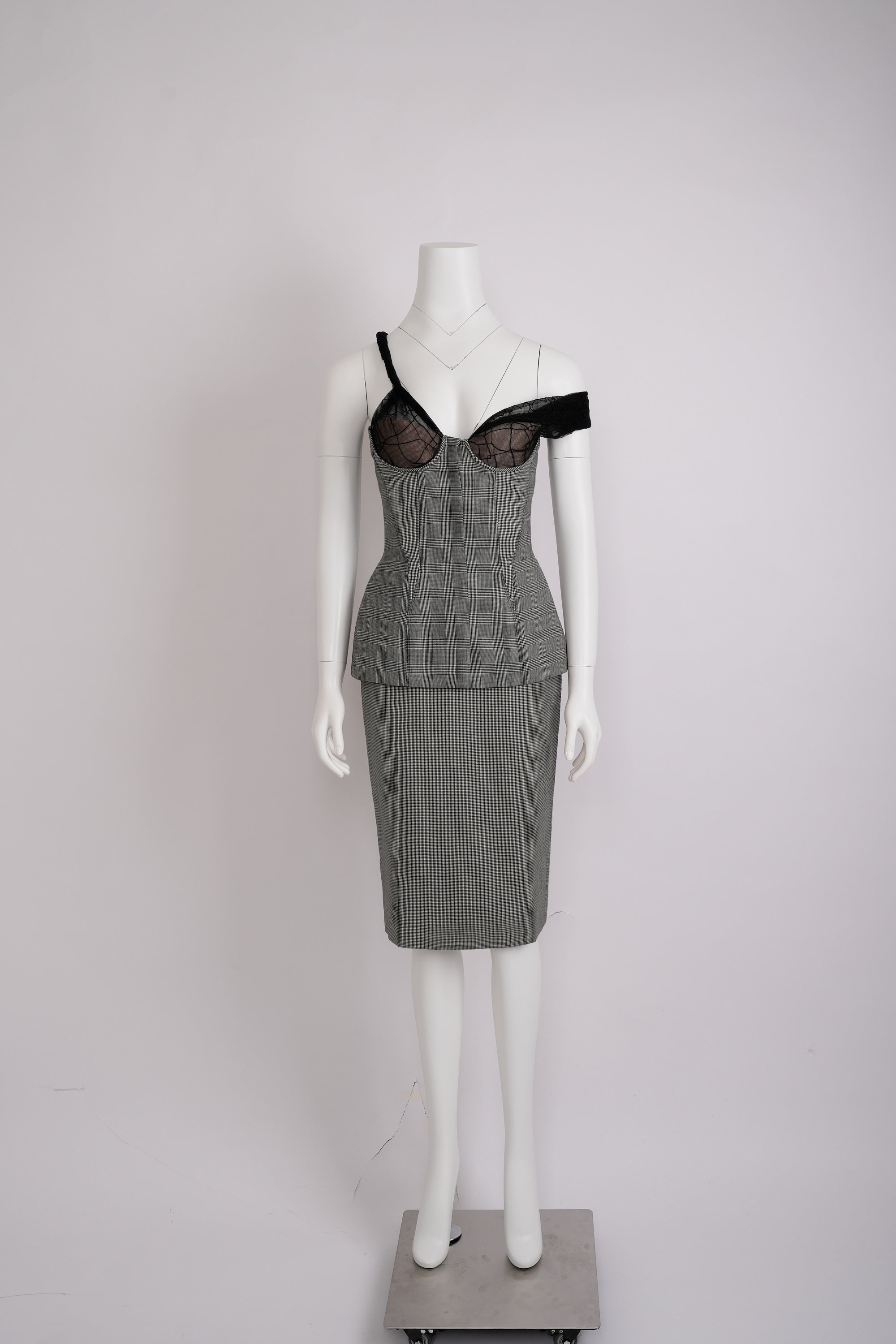 Vintage Gianni Versace 1998 Grey Mesh and Lace Top and Pencil