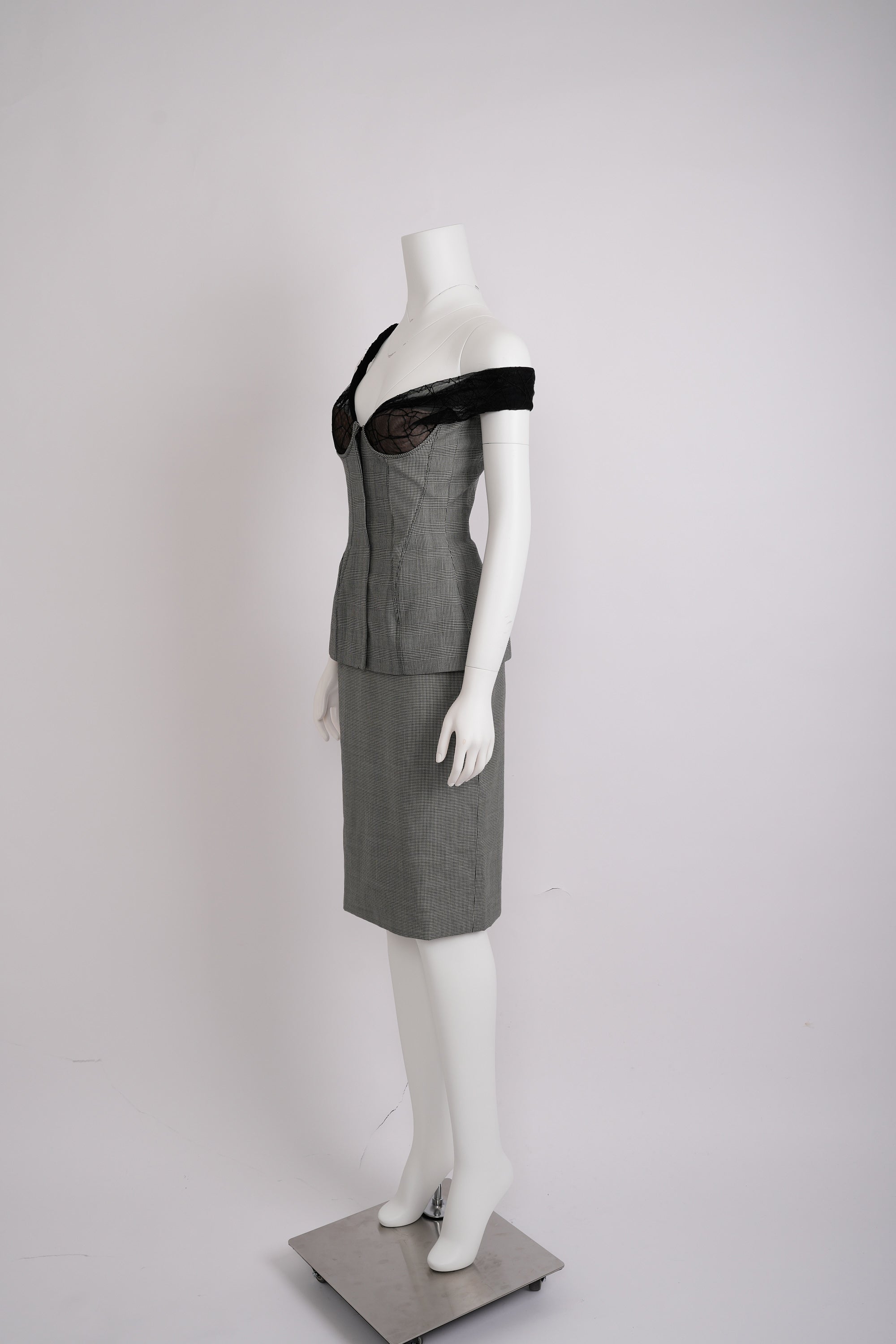 Vintage Gianni Versace 1998 Grey Mesh and Lace Top and Pencil Skirt Set - Pulled
