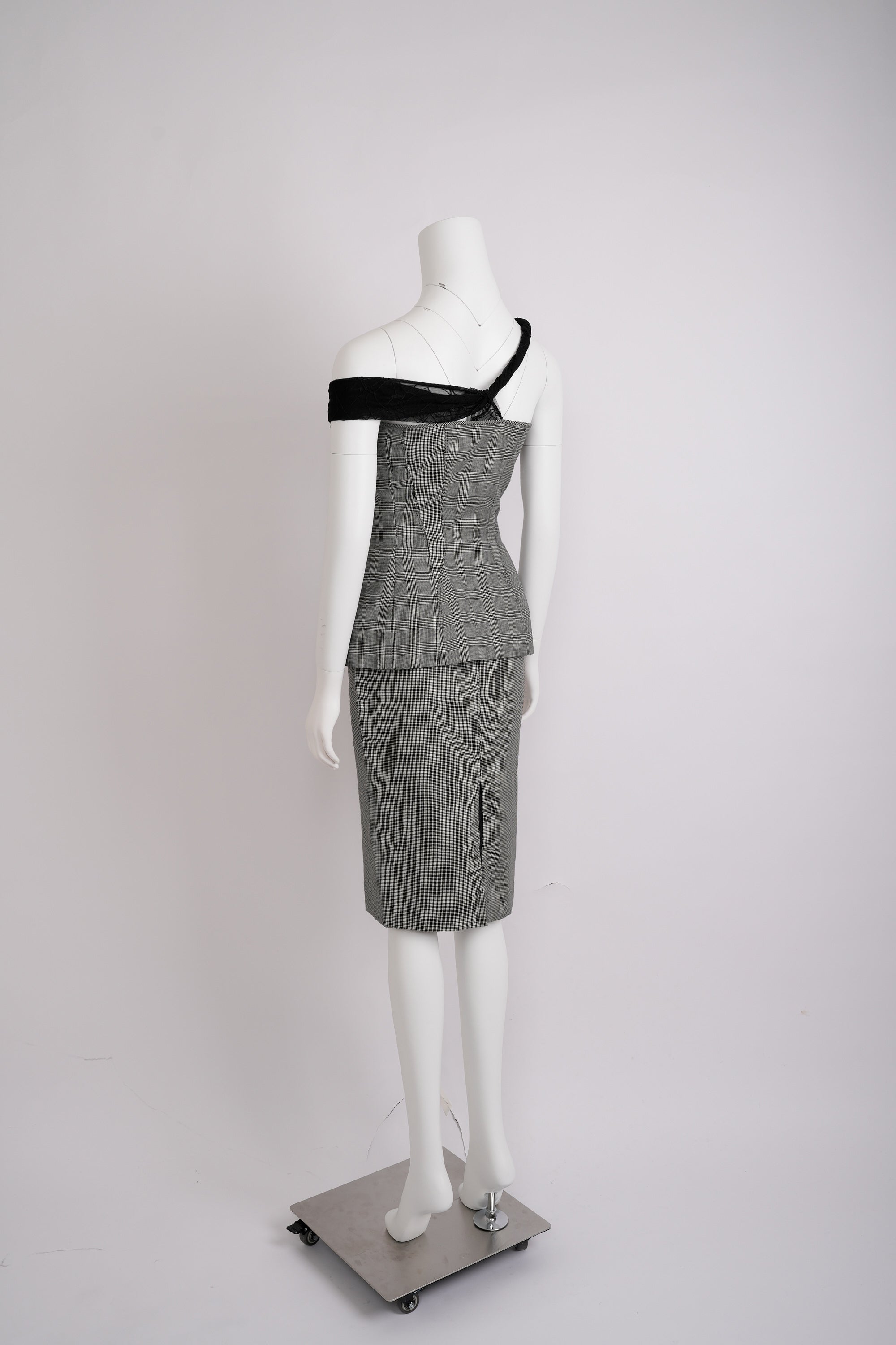 Vintage Gianni Versace 1998 Grey Mesh and Lace Top and Pencil Skirt Set - Pulled