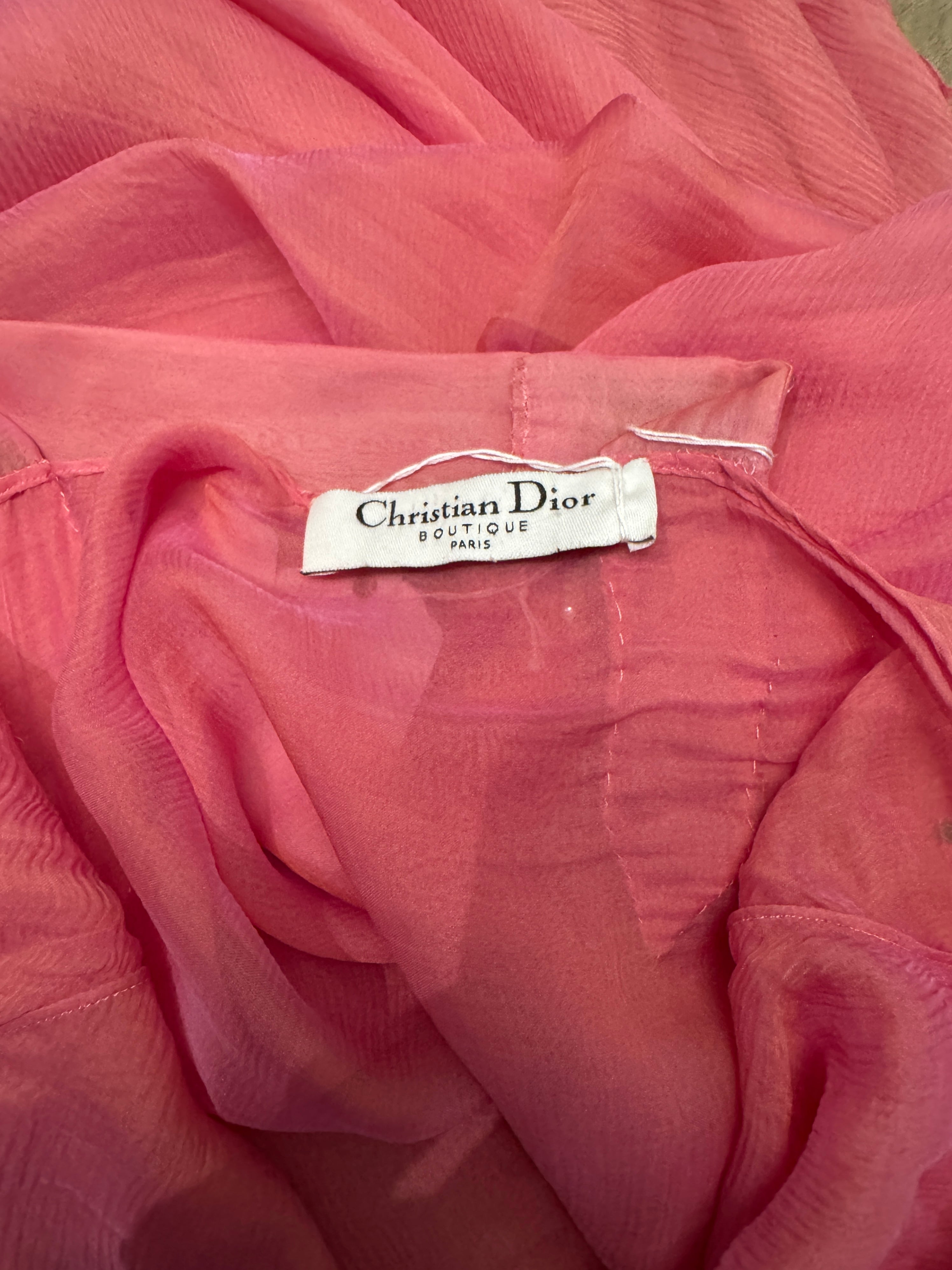 Preowned Christian Dior by John Galliano 2000s Pink & Gold Chiffon Evening Dress Rhinestone Straps & Cowled Neckline