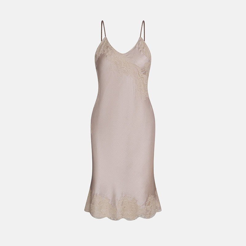 Vintage Givenchy 1990s Beige Mini Dress in Checkered Silk with Lace Tri