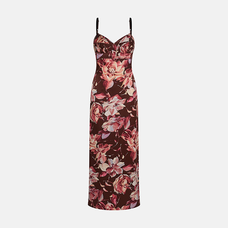 Vintage Dolce & Gabbana Spring 1997 Brown Silk Dress with Floral Print - Pulled