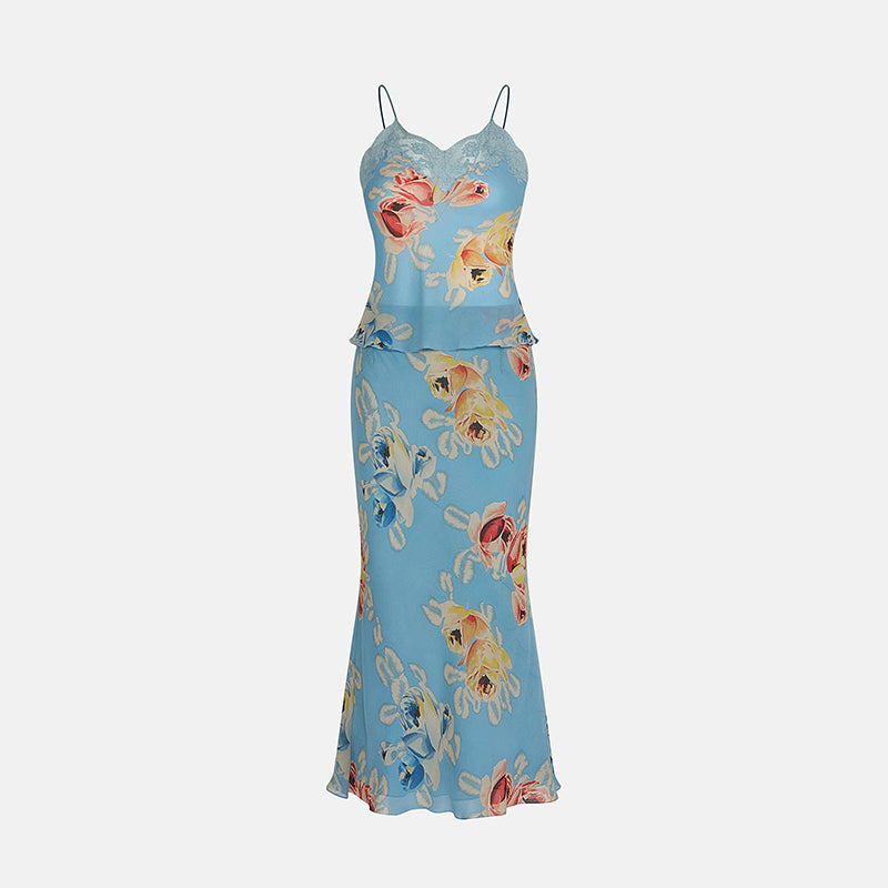 Vintage Christian Dior Spring 2001 Pale Blue Silk Floral Two-Piece Dress
