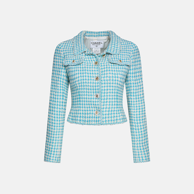 Vintage Chanel Spring 1997 Blue Tweed Jacket in Houndstooth Pattern