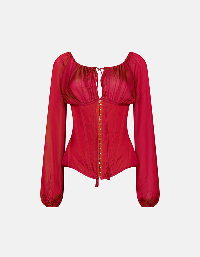 Preowned Jean Paul Gaultier Spring 2008 Red Silk Corset with Long Sleeves - Pulled
