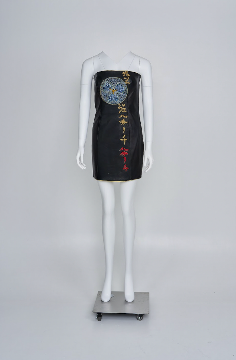 Vintage Atelier Versace Fall 1997 Black Leather Strapless Mini Dress