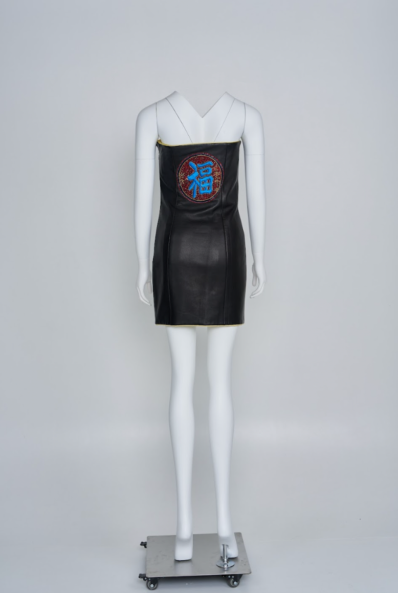 Vintage Atelier Versace Fall 1997 Black Leather Strapless Mini Dress