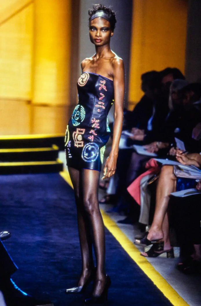 Vintage Atelier Versace Fall 1997 Black Leather Strapless Mini Dress