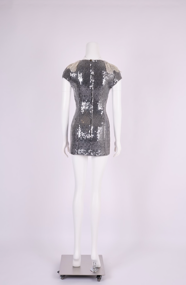Vintage Chanel 1994 Grey Sequin Dress with Lace Collar