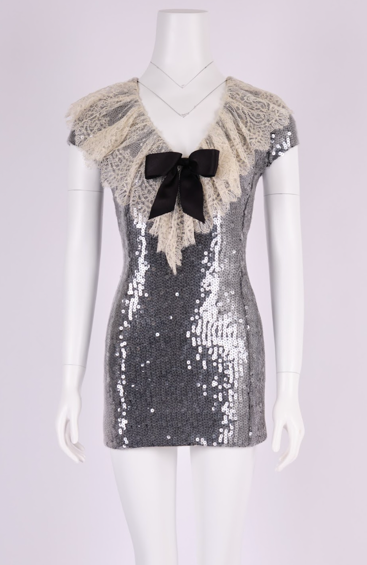 Vintage Chanel 1994 Grey Sequin Dress with Lace Collar