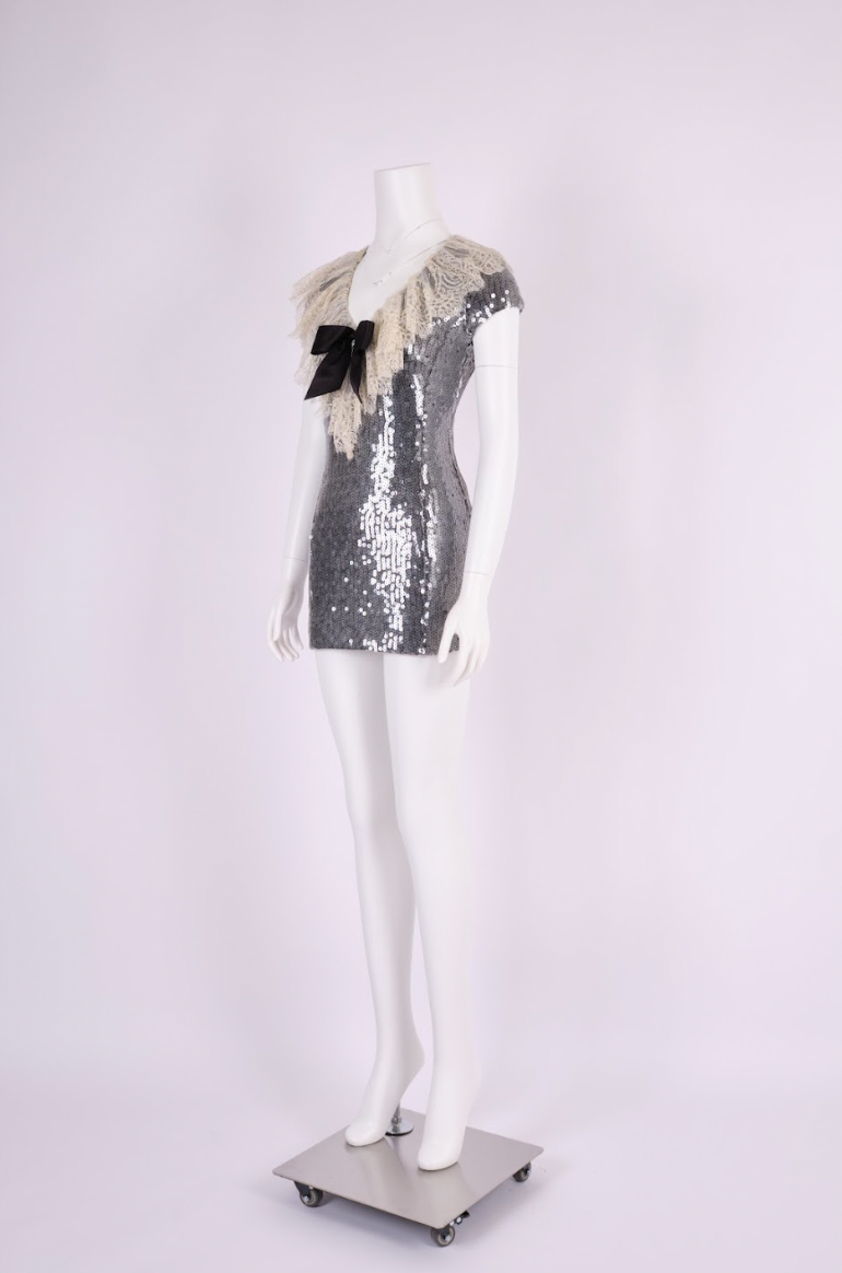 Vintage Chanel 1994 Grey Sequin Dress with Lace Collar