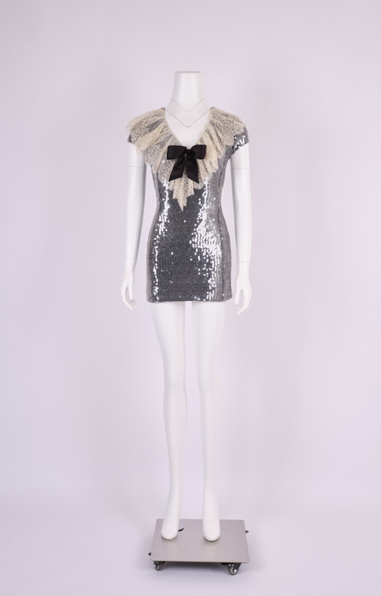 Vintage Chanel 1994 Grey Sequin Dress with Lace Collar