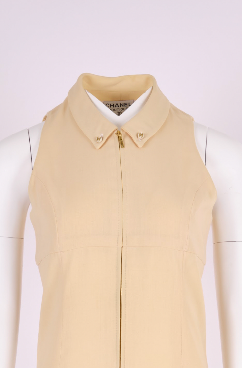 Vintage Chanel 1995 Light Taupe Sleeveless Zip-Front Dress with Collar