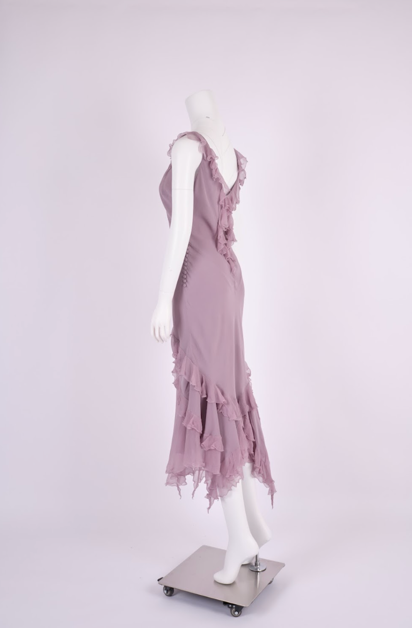 Preowned John Galliano 2004 Lavender Silk Ruffle Dress with Bias-Cut Draping