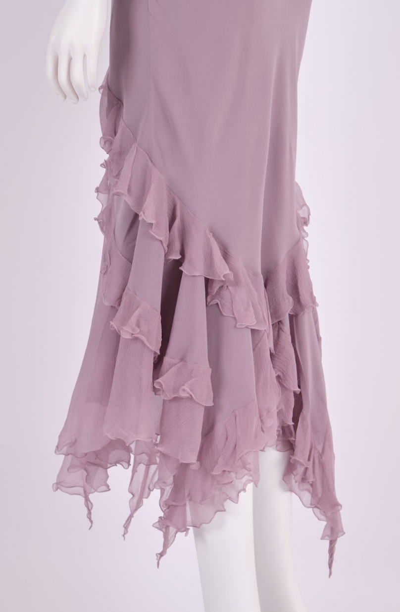 Preowned John Galliano 2004 Lavender Silk Ruffle Dress with Bias-Cut Draping