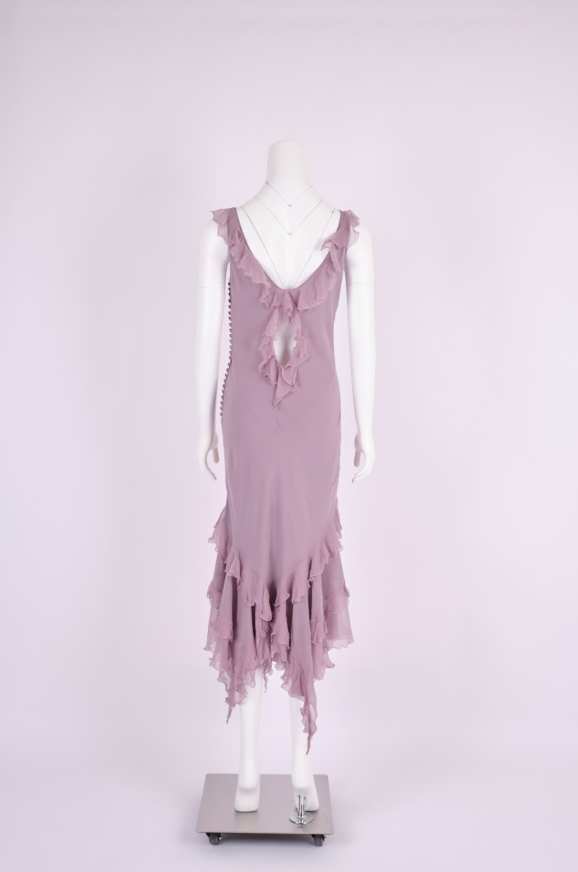 Preowned John Galliano 2004 Lavender Silk Ruffle Dress with Bias-Cut Draping