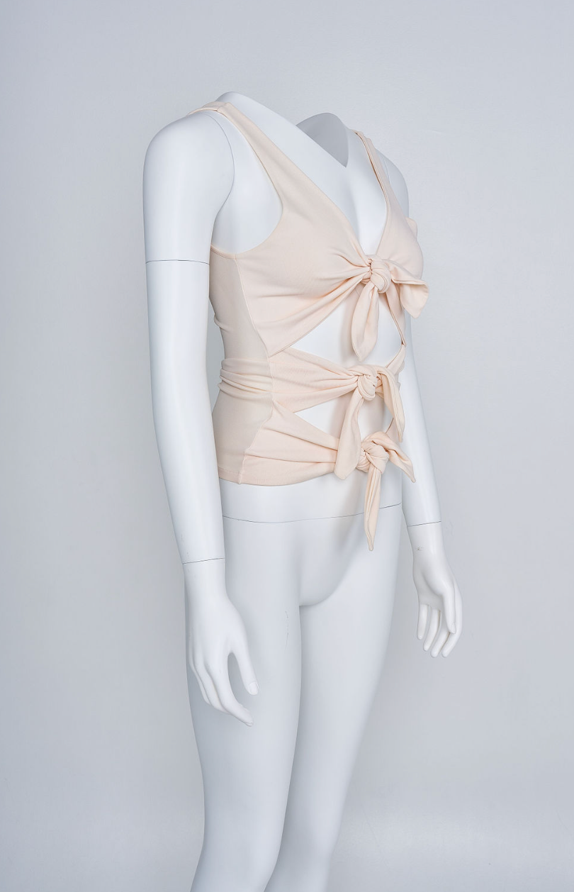 Preowned Valentino 2002 Ivory silk top with multiple tie details and deep V neckline