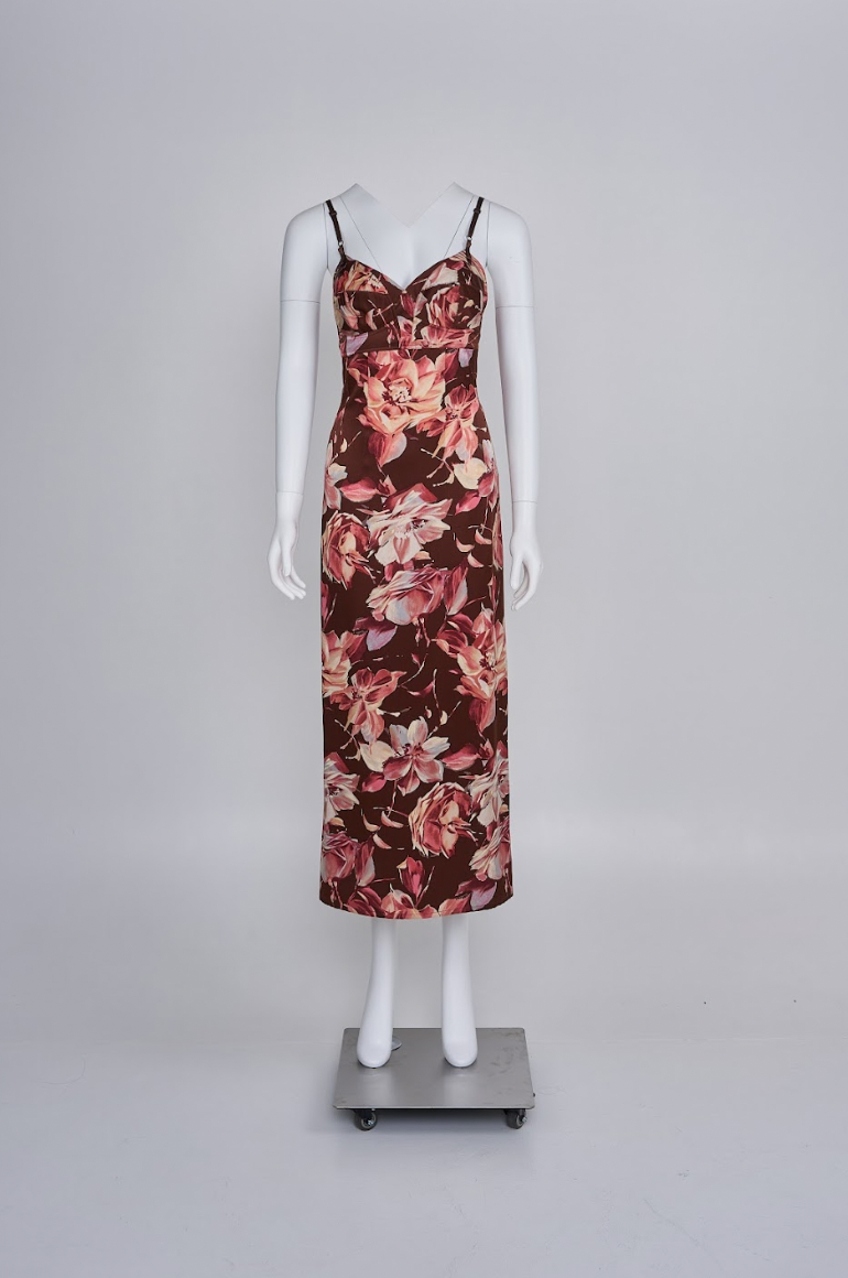 Vintage Dolce & Gabbana Spring 1997 Brown Silk Dress with Floral Print - Pulled