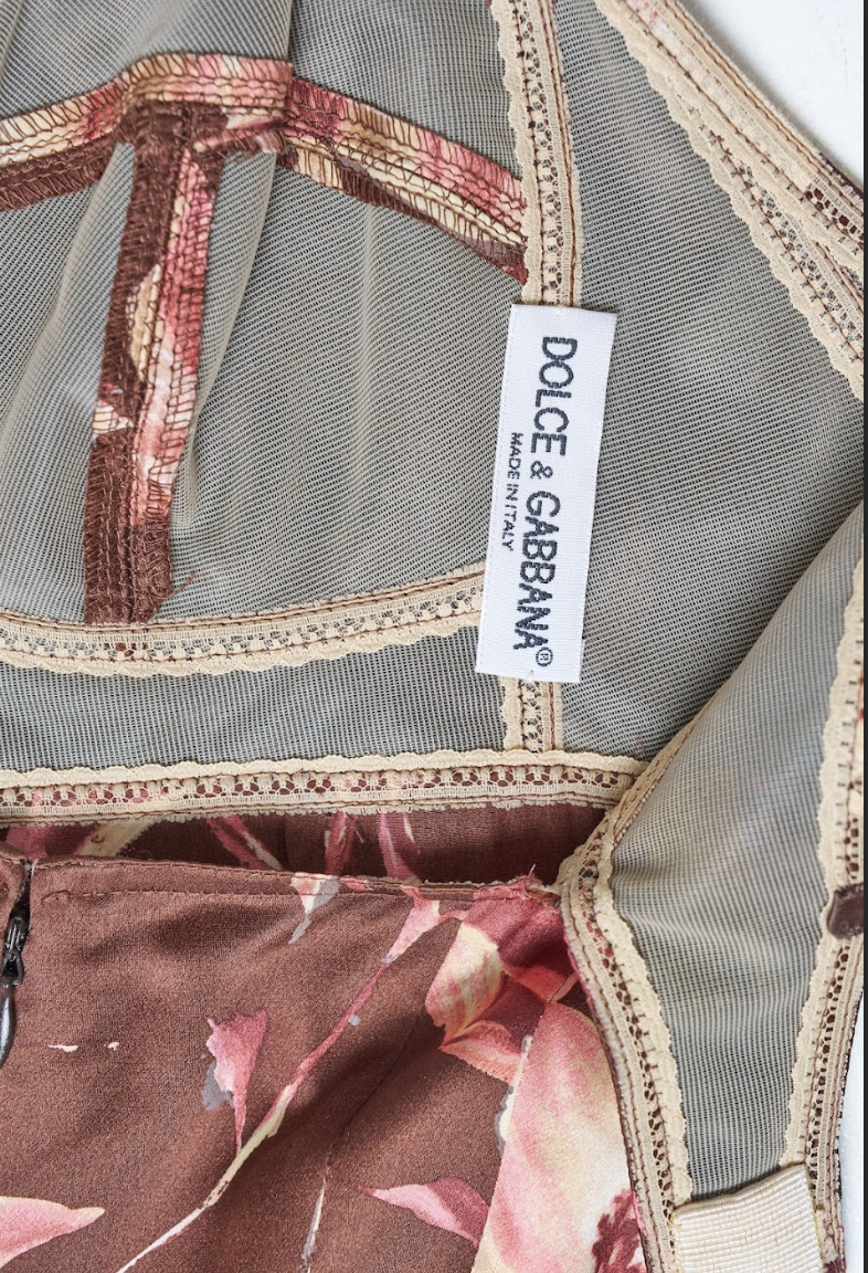 Vintage Dolce & Gabbana Spring 1997 Brown Silk Dress with Floral Print - Pulled