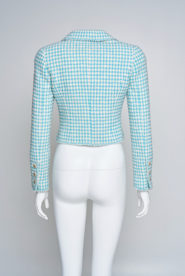 Vintage Chanel Spring 1997 Blue Tweed Jacket in Houndstooth Pattern