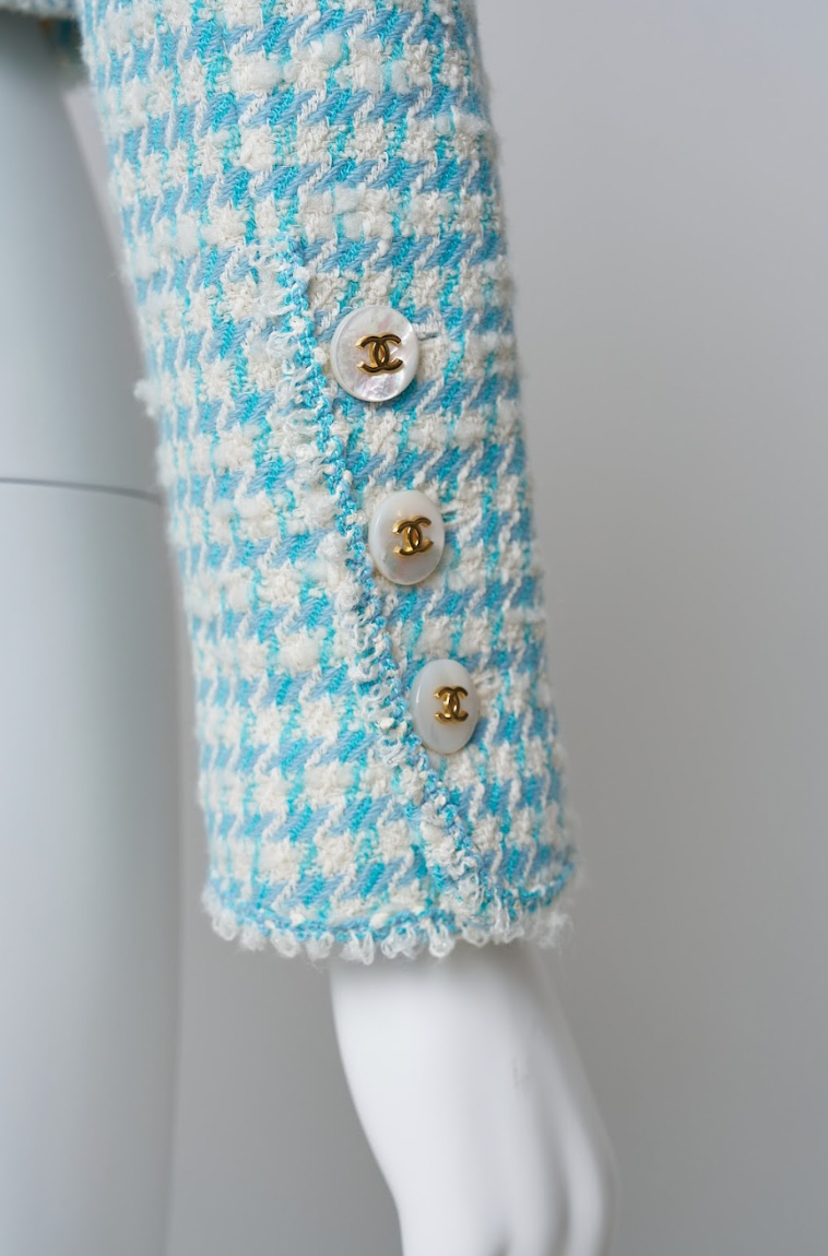 Vintage Chanel Spring 1997 Blue Tweed Jacket in Houndstooth Pattern
