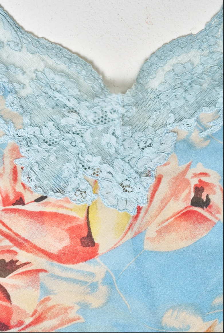 Vintage Christian Dior Spring 2001 Pale Blue Silk Floral Two-Piece Dress