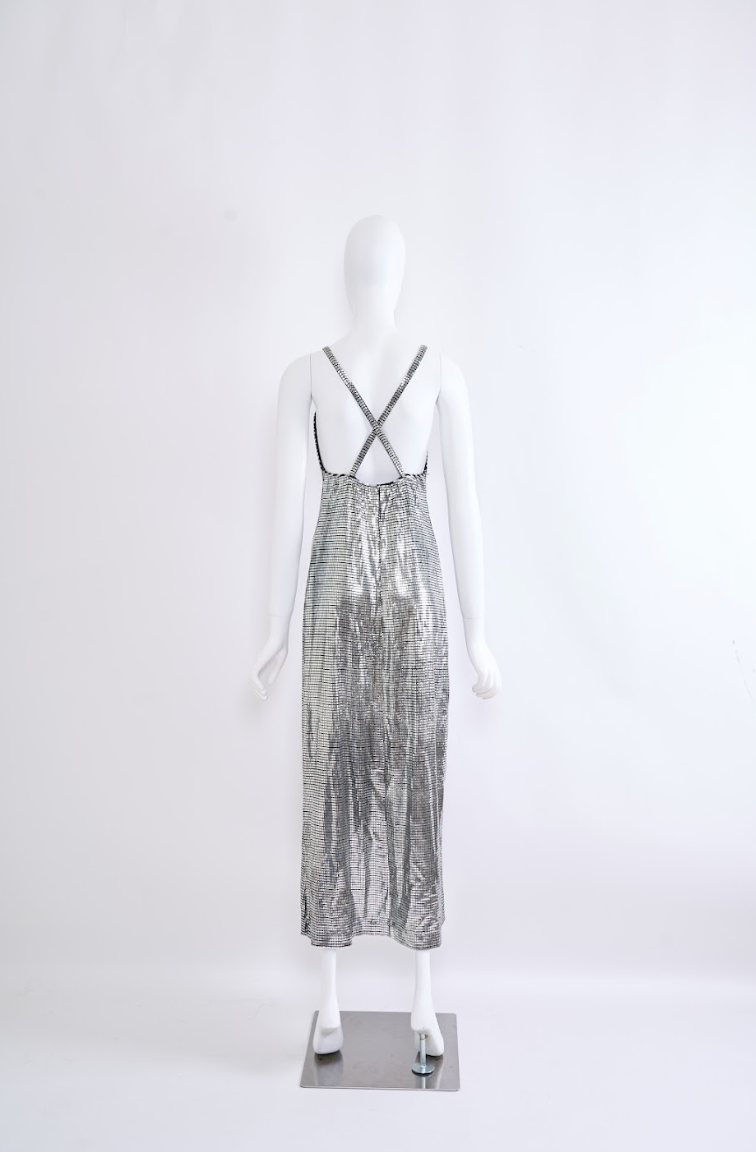 Vintage Paco Rabanne 2000s Silver Foil Cross-Back Long Dress