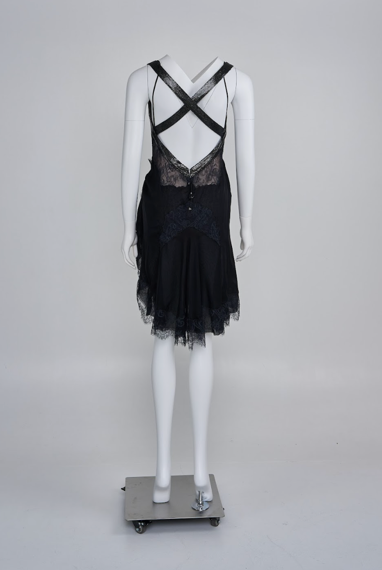 Vintage Gianni Versace 2003 Chainmail Strap Lace Mini Dress