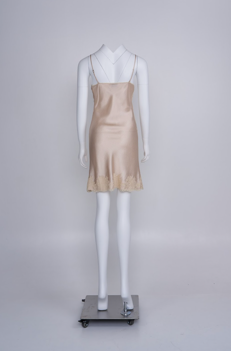 Vintage Givenchy 1990s Beige Mini Dress in Checkered Silk with Lace Tri