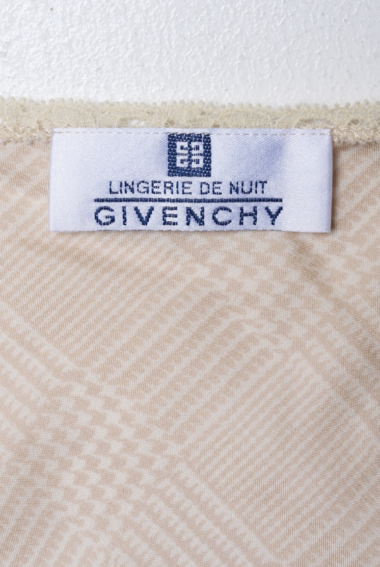 Vintage Givenchy 1990s Beige Mini Dress in Checkered Silk with Lace Tri