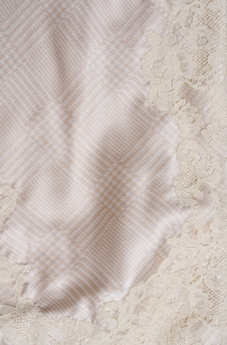 Vintage Givenchy 1990s Beige Mini Dress in Checkered Silk with Lace Tri