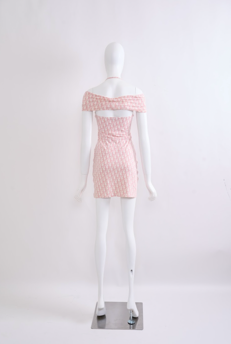 Preowned Christian Dior by John Galliano 2004 Pink Monogram Cotton Halter Dress