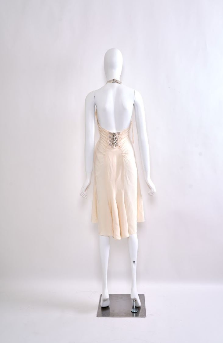 Vintage Gianni Versace Spring 2004 Rhinestone Strap Ruched Silk Dress