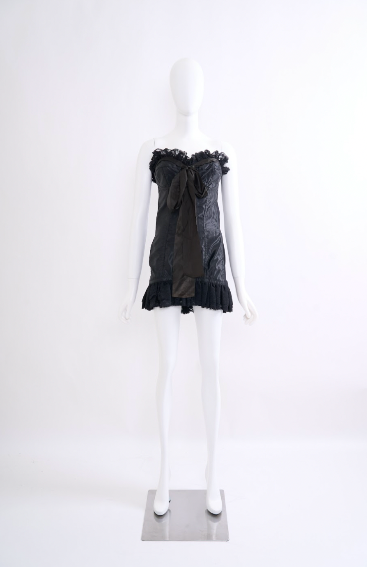 Vintage Dolce & Gabbana Fall 1991 Runway Strapless Black Lace Bow Mini Dress