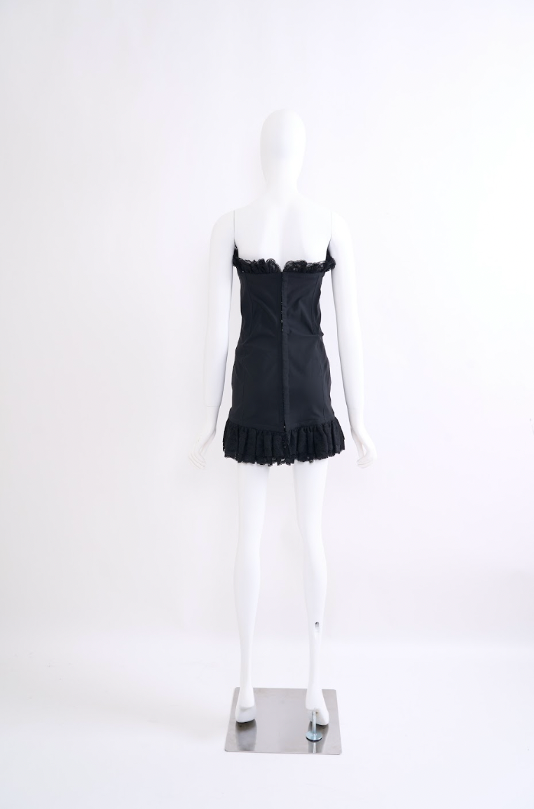 Vintage Dolce & Gabbana Fall 1991 Runway Strapless Black Lace Bow Mini Dress