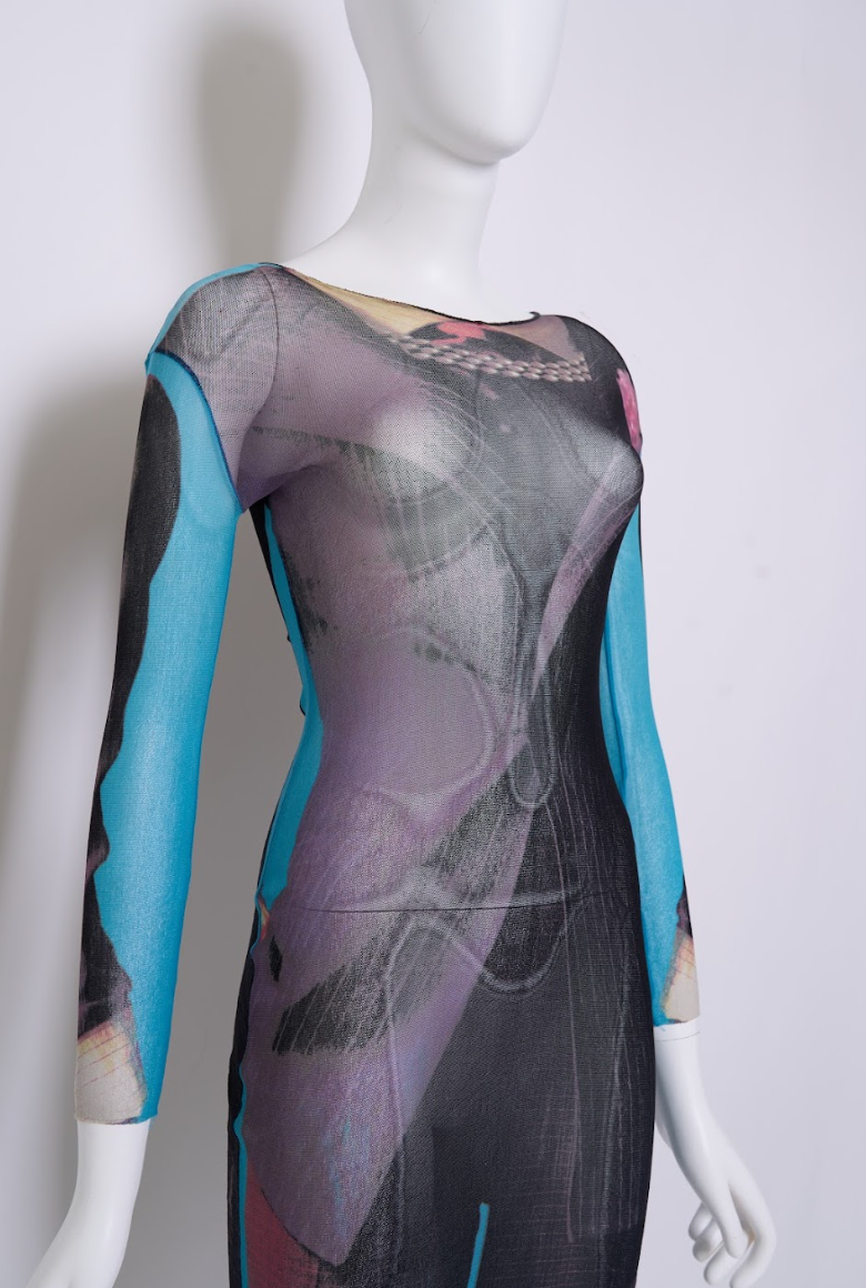 Vintage Jean Paul Gaultier Maille 1997 Runway Dress with Suit Print